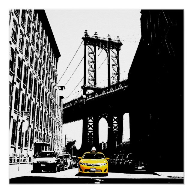 New York City Nyc Yellow Taxi Brooklyn Bridge Poster (Front)