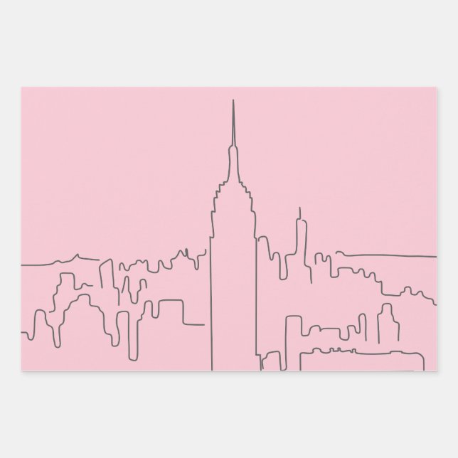 New York City Pink Minimal Line Wrapping Paper Sheet (Front)