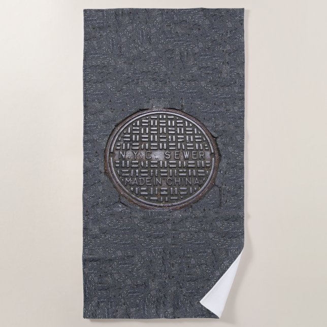 New York City Sewer Cover and Asphalt Pavement NYC Beach Towel (Front)