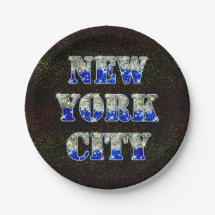 New York City Silver Blue Glitters Paper Plate