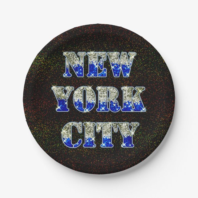 New York City Silver Blue Glitters Paper Plate (Front)