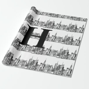 New York City Simple Elegant Black White Monogram Wrapping Paper