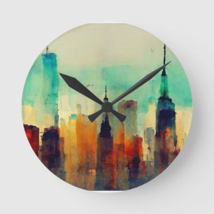 New York City Sky Line - Water Colour Round Clock