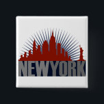 New York City Skyline 15 Cm Square Badge<br><div class="desc">The New York City Skyline design features a graphic representation of the Manhattan skyline and the Statue of Liberty in a bold red colour. Below the skyline and Lady Liberty, the words New York are in a bold font in two shades of grey, on a dark blue background. Behind the...</div>