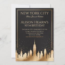 New York City Skyline 50th Birthday Black & Gold Invitation
