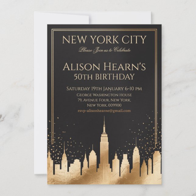 New York City Skyline 50th Birthday Black & Gold Invitation (Front)