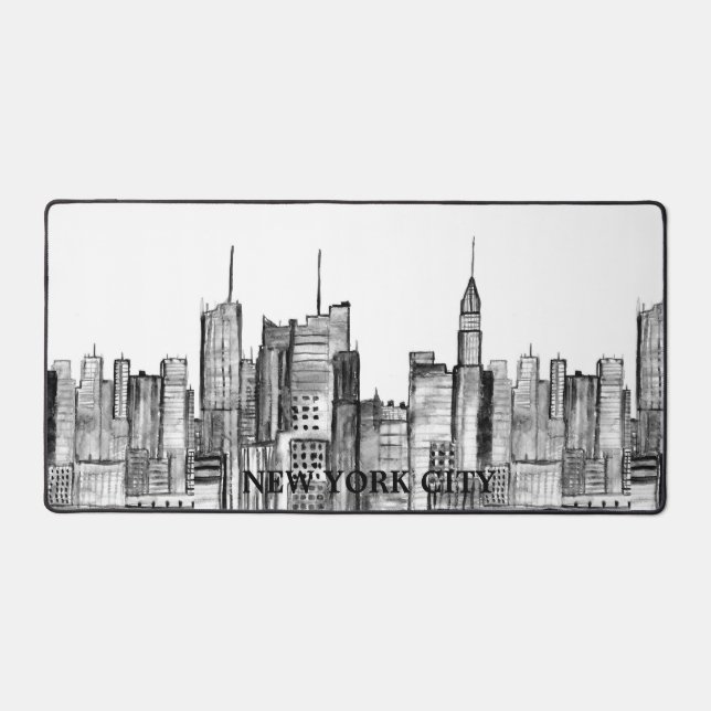 New York City Skyline Black Modern Manhattan NYC Desk Mat (Front)