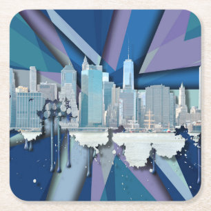 New York City Skyline Blue 3D Square Paper Coaster