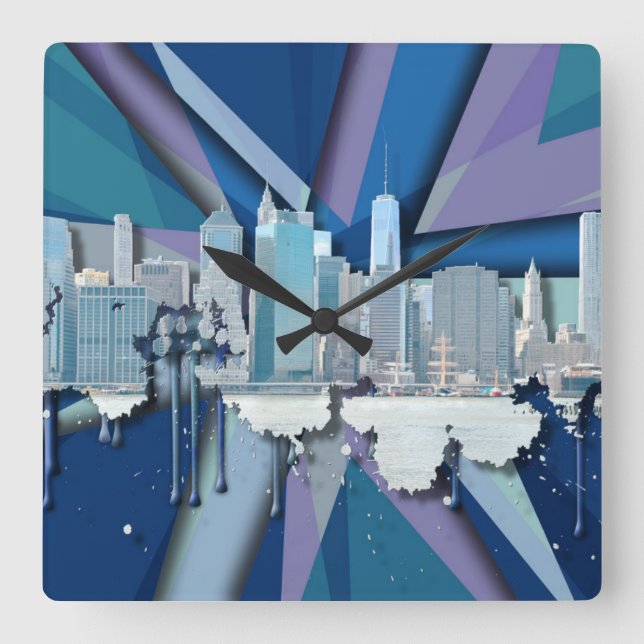 New York City Skyline | Blue 3D Square Wall Clock (Front)