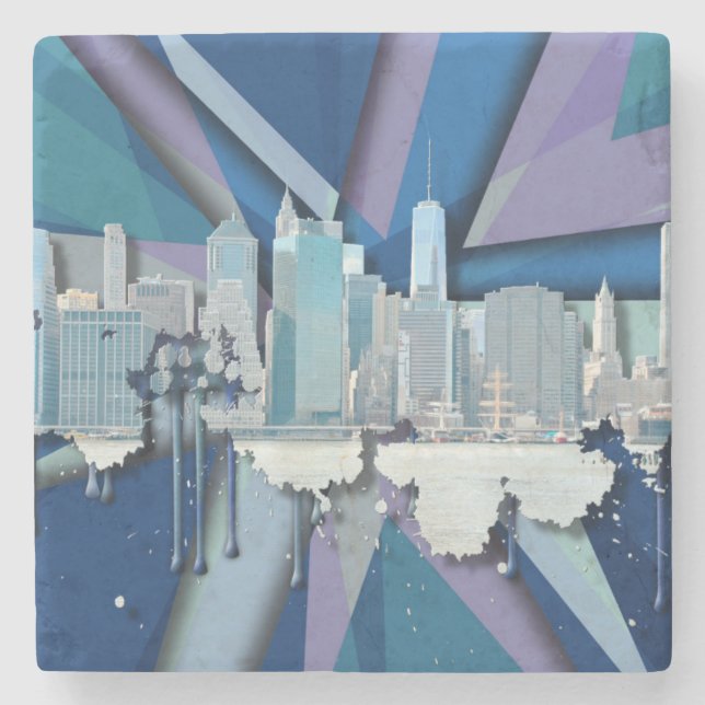 New York City Skyline | Blue 3D Stone Coaster (Front)