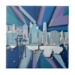 New York City Skyline Blue 3D Tile