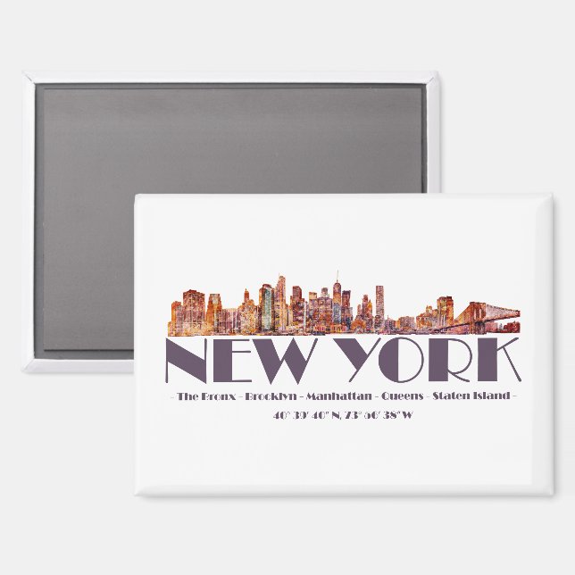 New York City Skyline. Boroughs and Coordinates Magnet (Front/Back)