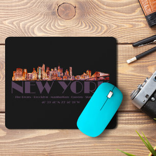 New York City Skyline. Boroughs and Coordinates Mouse Mat