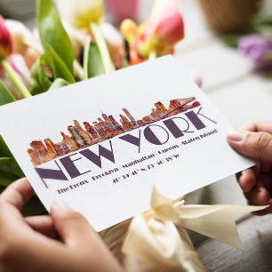 New York City Skyline. Boroughs and Coordinates Postcard