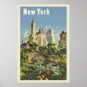 New York City Skyline Central Park Vintage Poster