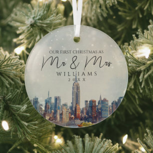 New York City Skyline First Christmas As Mr & Mrs Glass Tree Decoration