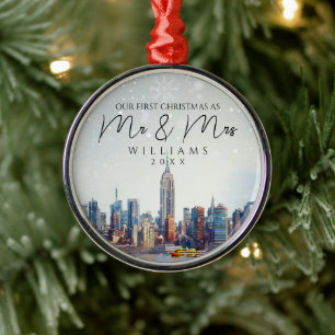 New York City Skyline First Christmas As Mr & Mrs Metal Tree Decoration