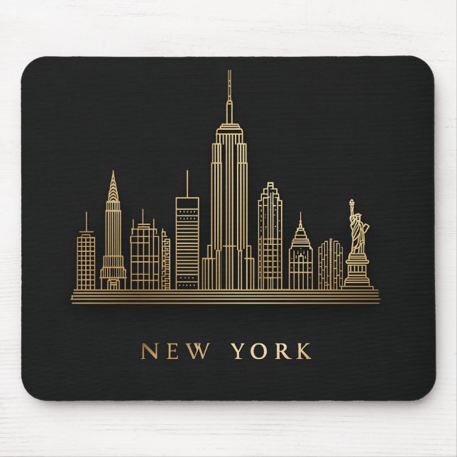 New York City Skyline Gold Line Art Mouse Mat (Front)