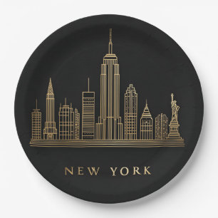 New York City Skyline Gold Line Art Paper Plate