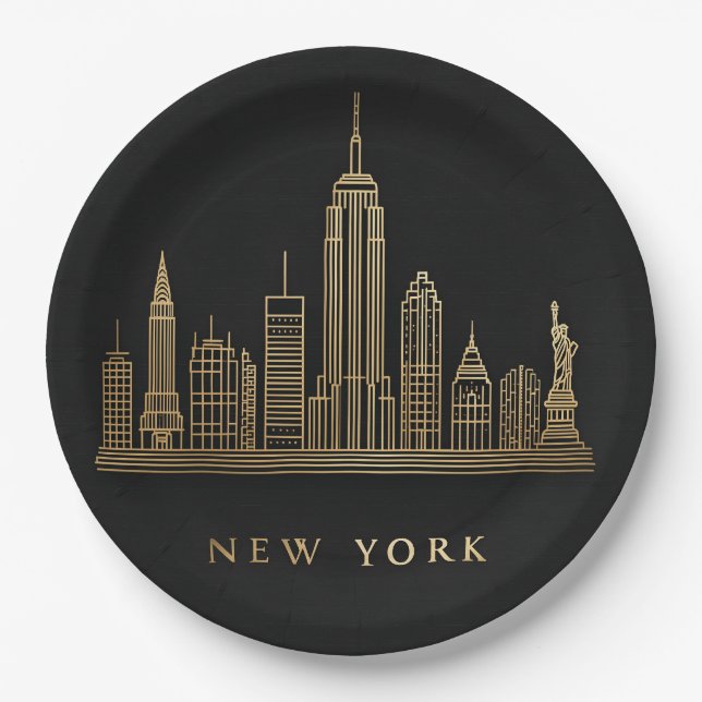 New York City Skyline Gold Line Art Paper Plate (Front)