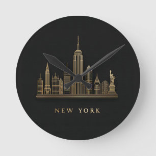 New York City Skyline Gold Line Art Round Clock