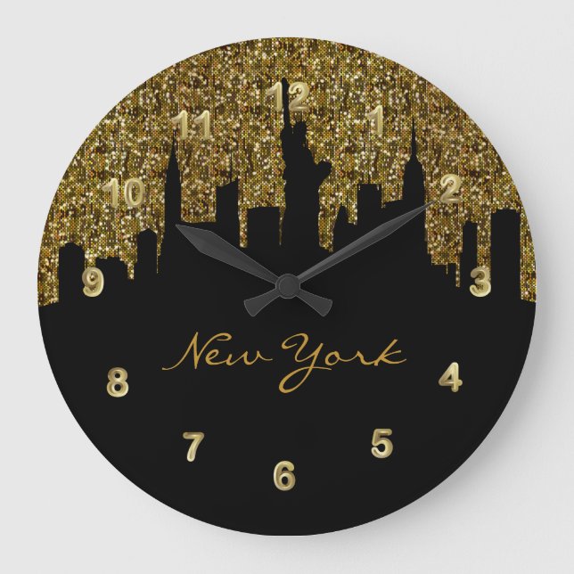 New York City Skyline | Golden Confetti Glitter Large Clock (Front)
