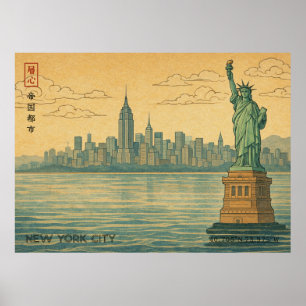 New York City Skyline in Japanese Ukiyo-e Style Poster