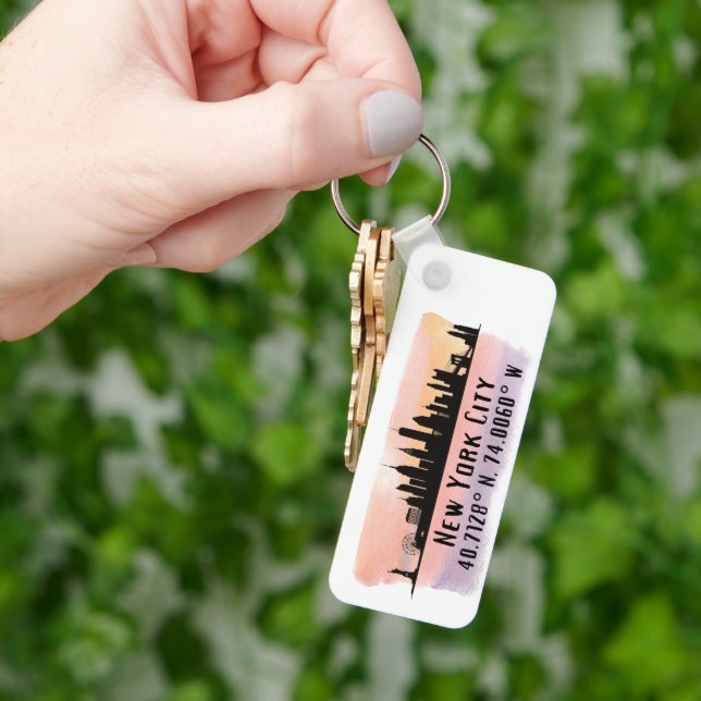 New York City Skyline Latitude and Longitude  Key Ring (Hand)