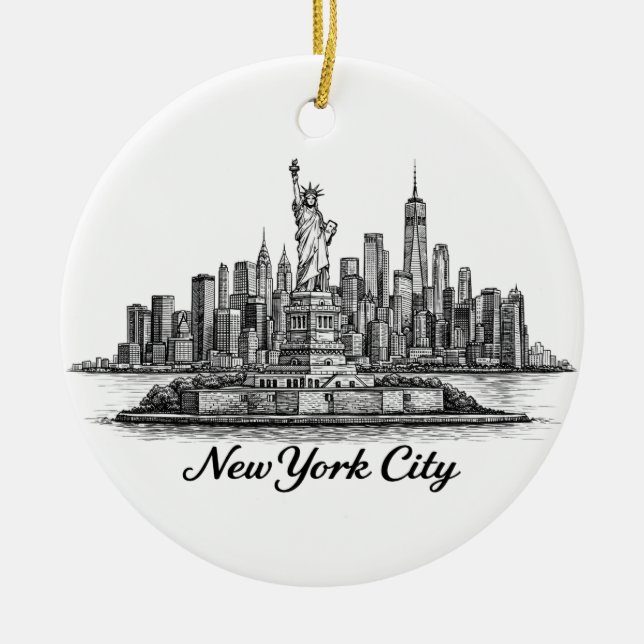 New York City Skyline Line Art Illustration Ceramic Tree Decoration (Front)