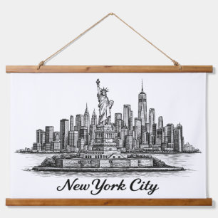 New York City Skyline Line Art Illustration Hanging Tapestry