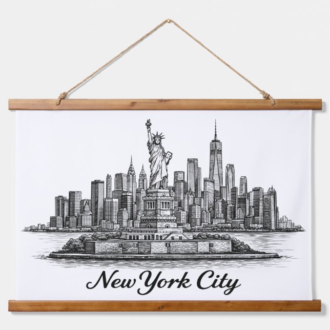 New York City Skyline Line Art Illustration Hanging Tapestry (Front)