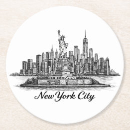 New York City Skyline Line Art Illustration Round Paper Coaster