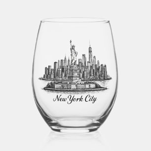New York City Skyline Line Art Illustration Stemless Wine Glass