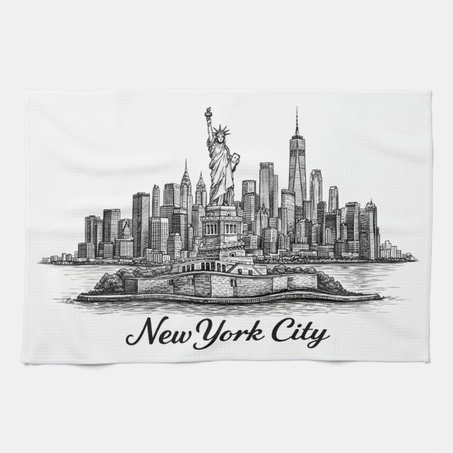 New York City Skyline Line Art Illustration Tea Towel (Horizontal)