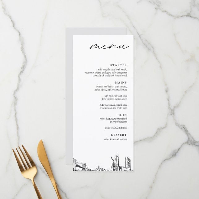 New York City Skyline Modern Wedding Dinner Menu (Front/Back In Situ)