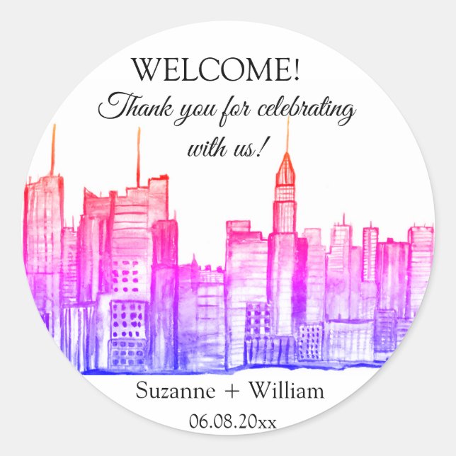 NEW YORK CITY skyline Pink Favours Weddings Classic Round Sticker (Front)