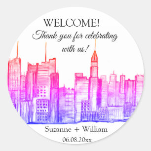 NEW YORK CITY skyline Pink Favours Weddings Classic Round Sticker
