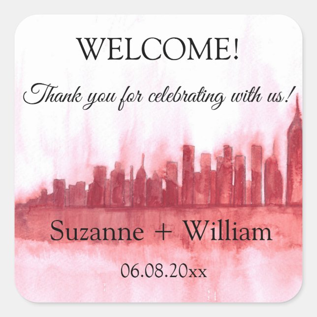 NEW YORK CITY skyline Pink Favours Weddings Square Sticker (Front)