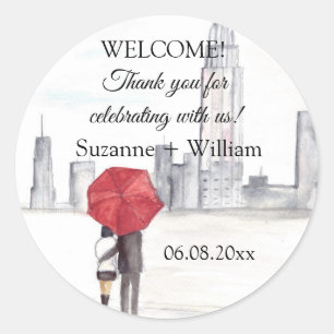 NEW YORK CITY skyline Red Umbrella Favours Wedding Classic Round Sticker