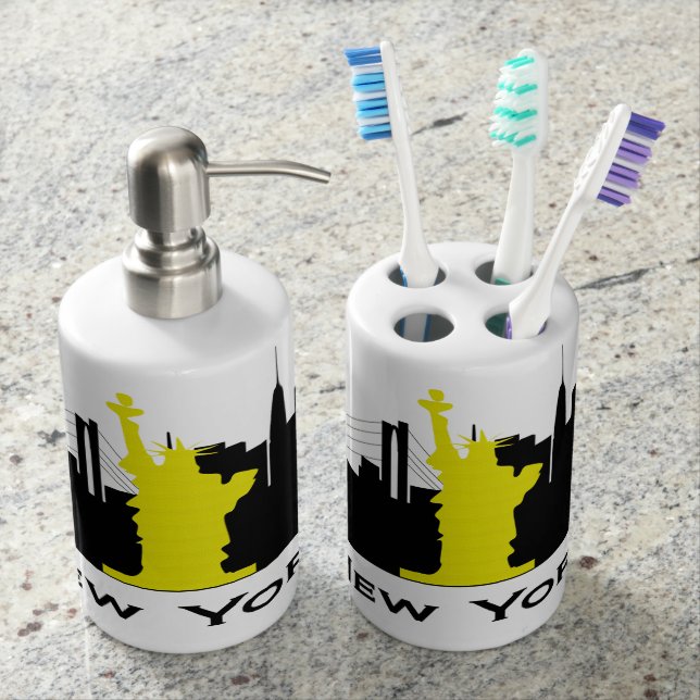 New York City Skyline Soap Dispenser And Toothbrush Holder (Front)