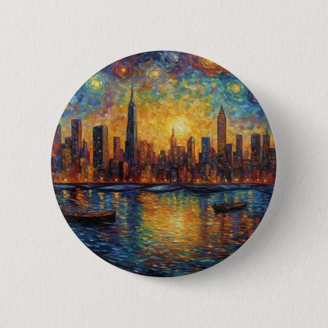 New York City Skyline van Gogh style 6 Cm Round Badge (Front)