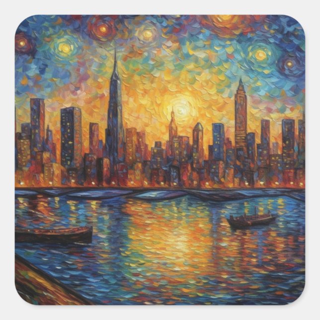 New York City Skyline van Gogh style Square Sticker (Front)