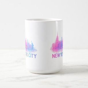 New York City Skyline Watercolor Art – Neon Bridge Coffee Mug
