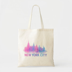 New York City Skyline Watercolor Art – Neon Bridge Tote Bag