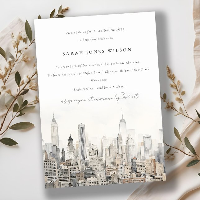 New York City Skyline Watercolor Bridal Shower Invitation (Creator Uploaded)