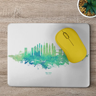 New York City Skyline Watercolor in blue and green Mouse Mat