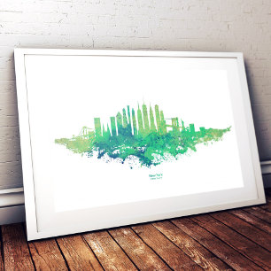 New York City Skyline Watercolor in blue and green Photo Print