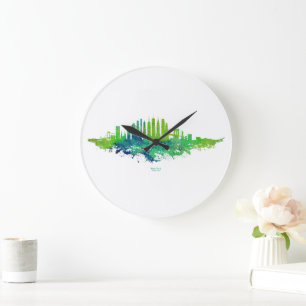 New York City Skyline Watercolor in blue and lime  Large Clock