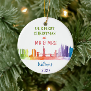 NEW YORK CITY skyline watercolor Manhattan modern Ceramic Tree Decoration
