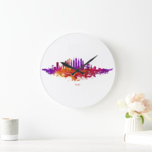New York City Skyline Watercolor on White Large Clock